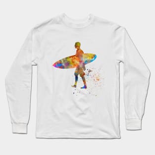 Young man surfer in watercolor Long Sleeve T-Shirt